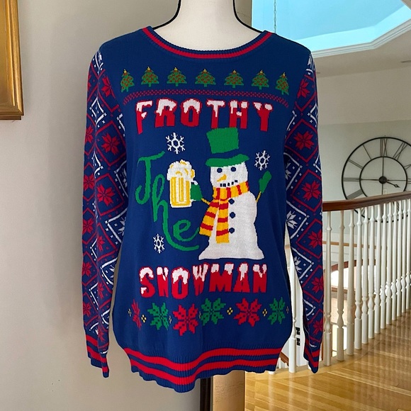 Rockin' Around Christmas Beer Sweater "Frothy the Snowman" Ugly Unisex Crewneck - Picture 2 of 9